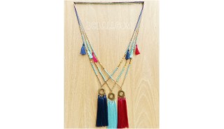 three color tassels necklace pendant gold caps beads